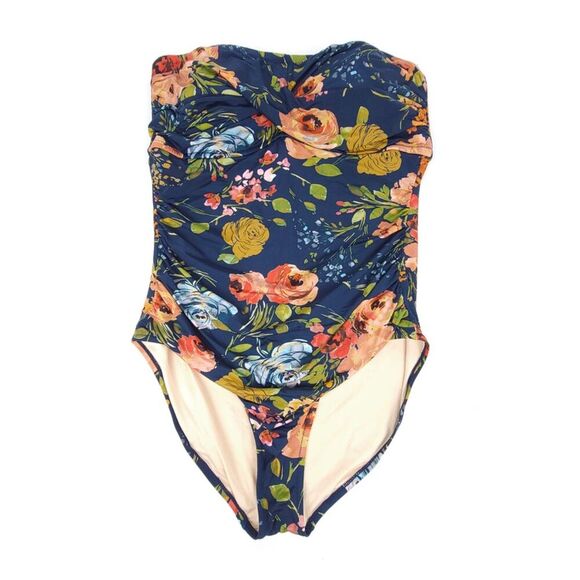 GARNET HILL Strapless Ruched Bandeau One Piece Swimsuit Navy Floral Plus Size 16 - Picture 1 of 7